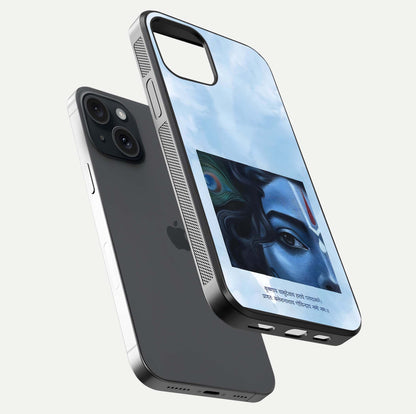 Spiritual Krishna Glass Case for iPhone 15 floating dual-view mockup displaying gloss shine and divine detail