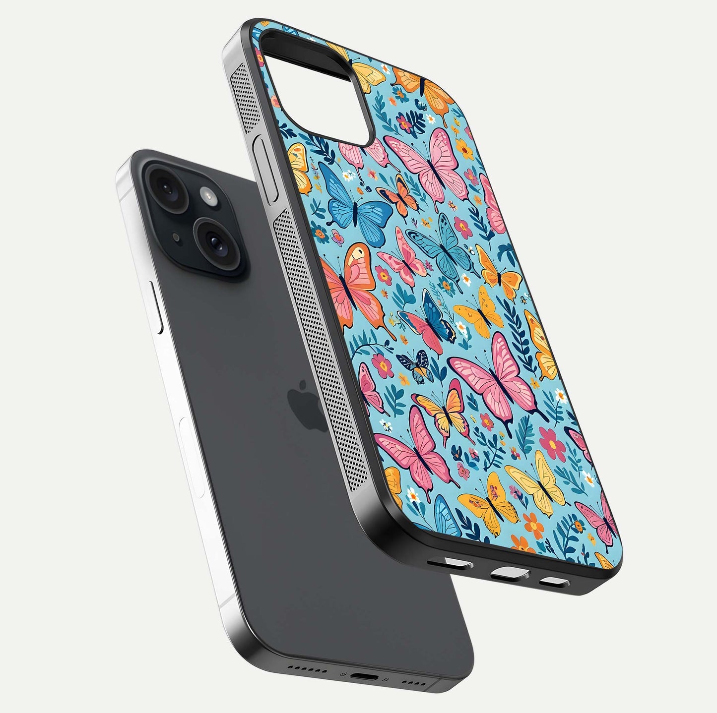 Spring Wing Garden Glass Case for iPhone 15 floating dual-view mockup showing gloss texture and vivid print