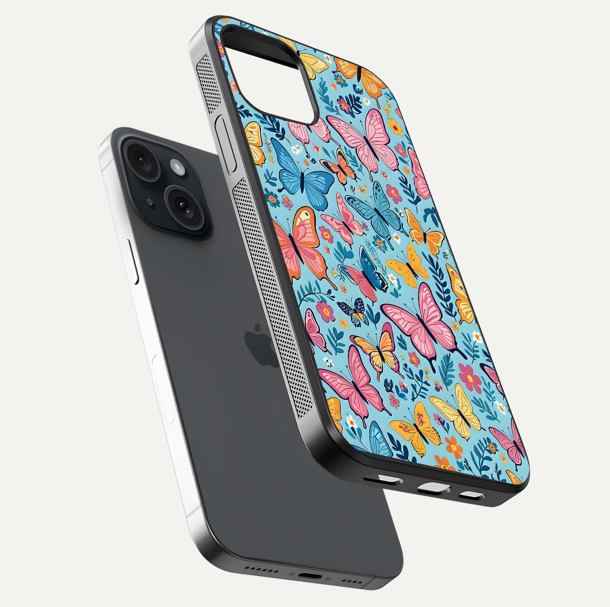 Spring Wing Garden Glass Case for iPhone 15 floating dual-view mockup showing gloss texture and vivid print