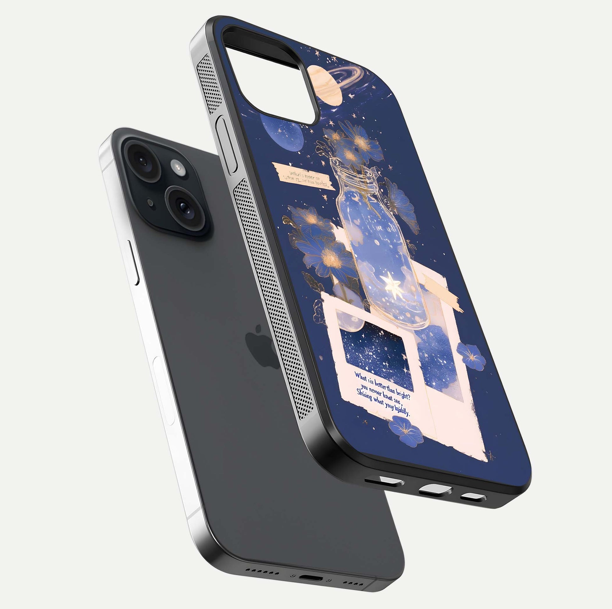 Starlit Cosmic Jar Glass Case for iPhone 15 floating dual-view mockup displaying gloss and starry depth
