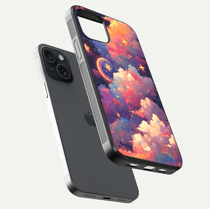 Starlit Dream Clouds Glass Case for iPhone 15 floating dual-view mockup displaying gloss and soft light detail