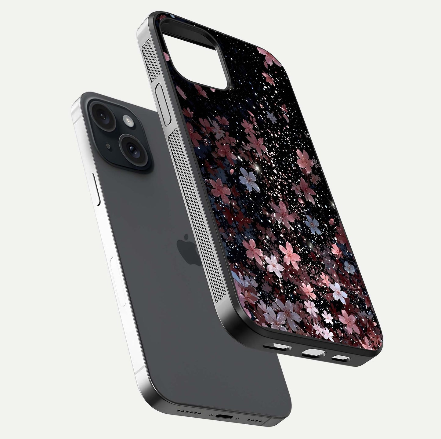 Starlit Flower Dreams Glass Case for iPhone 15 floating dual-view mockup displaying gloss and print clarity