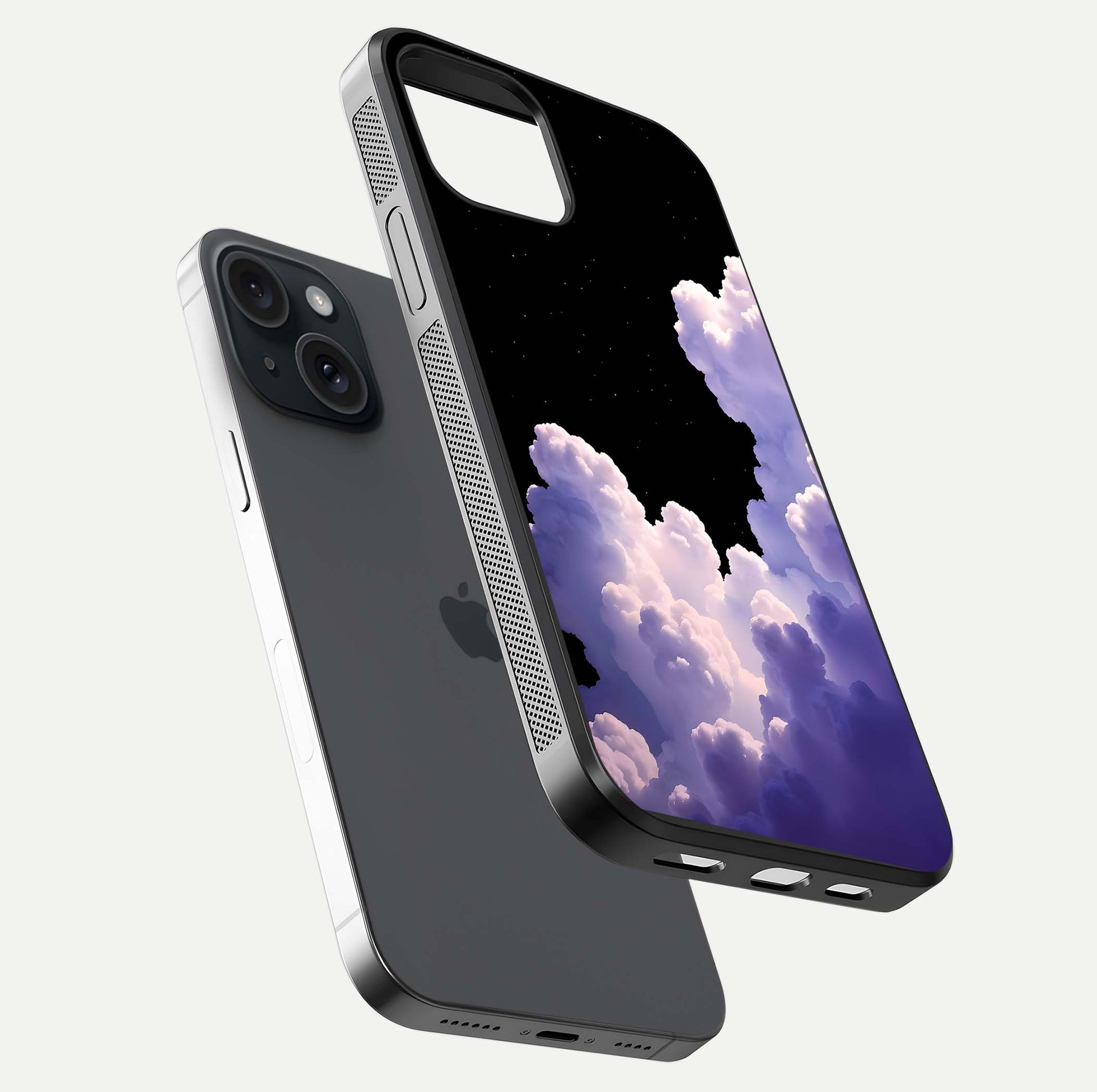 Starlit Night Whispers Glass Case for iPhone 15 floating dual-view mockup displaying gloss surface and depth