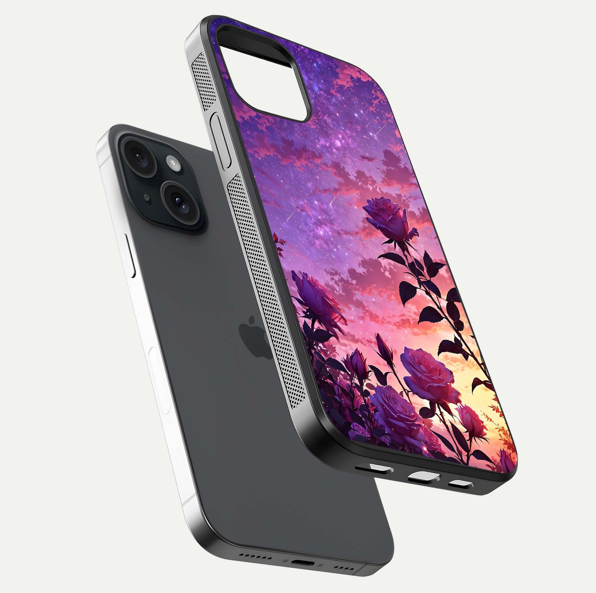 Starlit Rose Twilight Glass Case for iPhone 15 floating dual-view mockup displaying gloss shine and depth