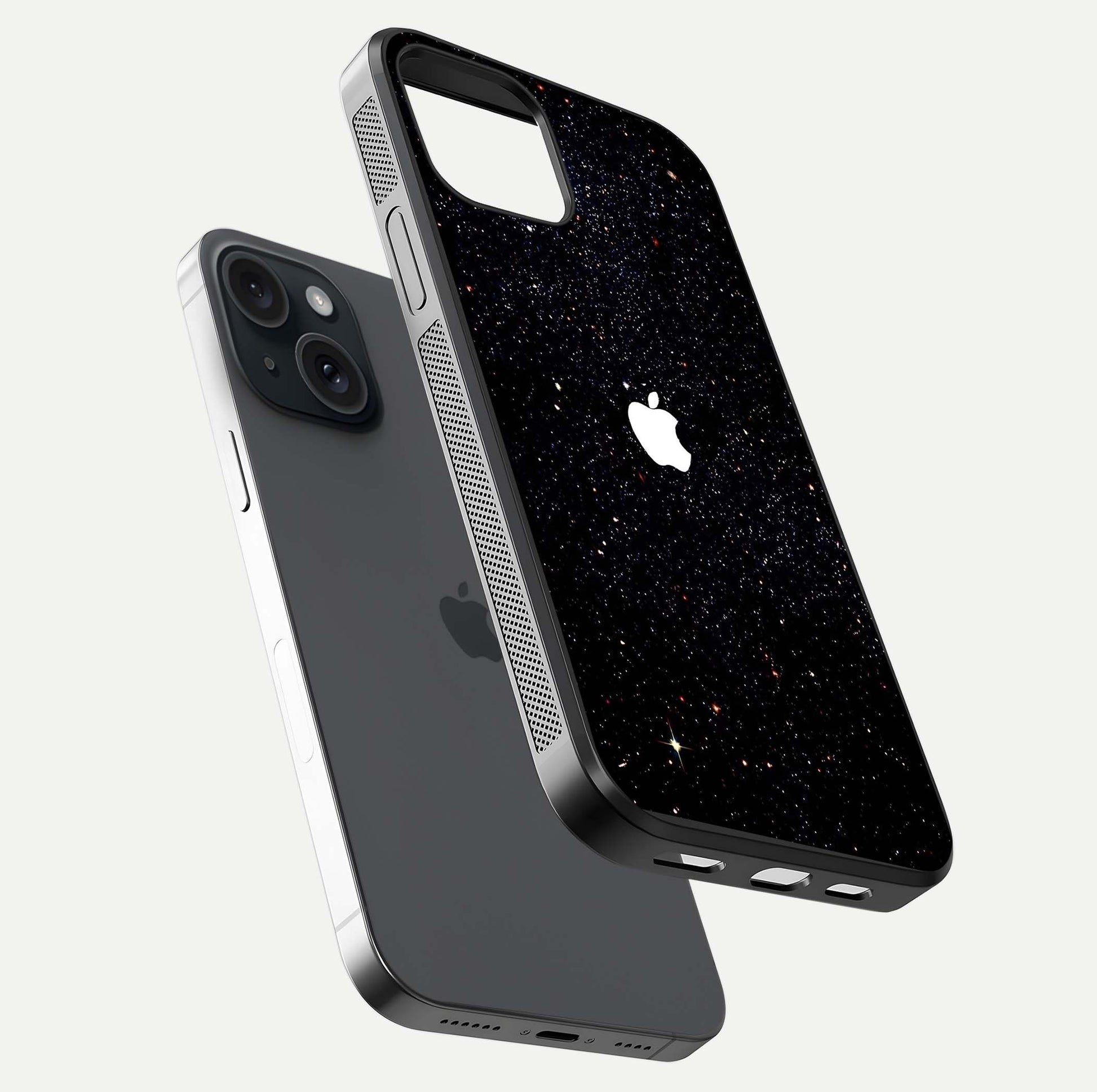 Starry Apple Galaxy Glass Case for iPhone 15 floating dual-view mockup displaying reflection and shine
