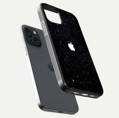 Starry Apple Galaxy Glass Case for iPhone 15 floating dual-view mockup displaying reflection and shine