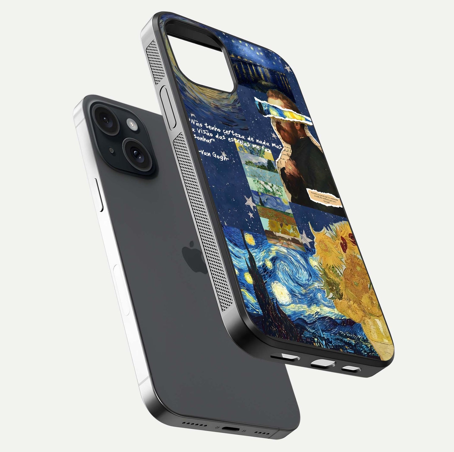 Starry Dream Vision Glass Case for iPhone 15 floating dual-view mockup displaying gloss surface and clarity