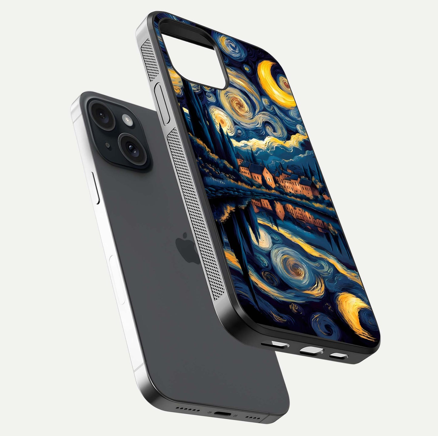 Starry Sky Serenity Glass Case for iPhone 15 floating dual-view mockup displaying gloss texture and shine