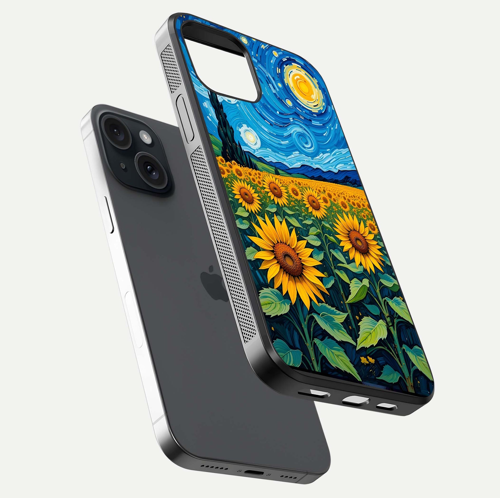 Starry Sunflower Dreams Glass Case for iPhone 15 floating dual-view mockup displaying gloss and vivid print