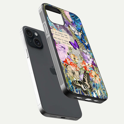 Storm Path Bloom Glass Case for iPhone 15 floating dual-view mockup displaying gloss and pattern depth