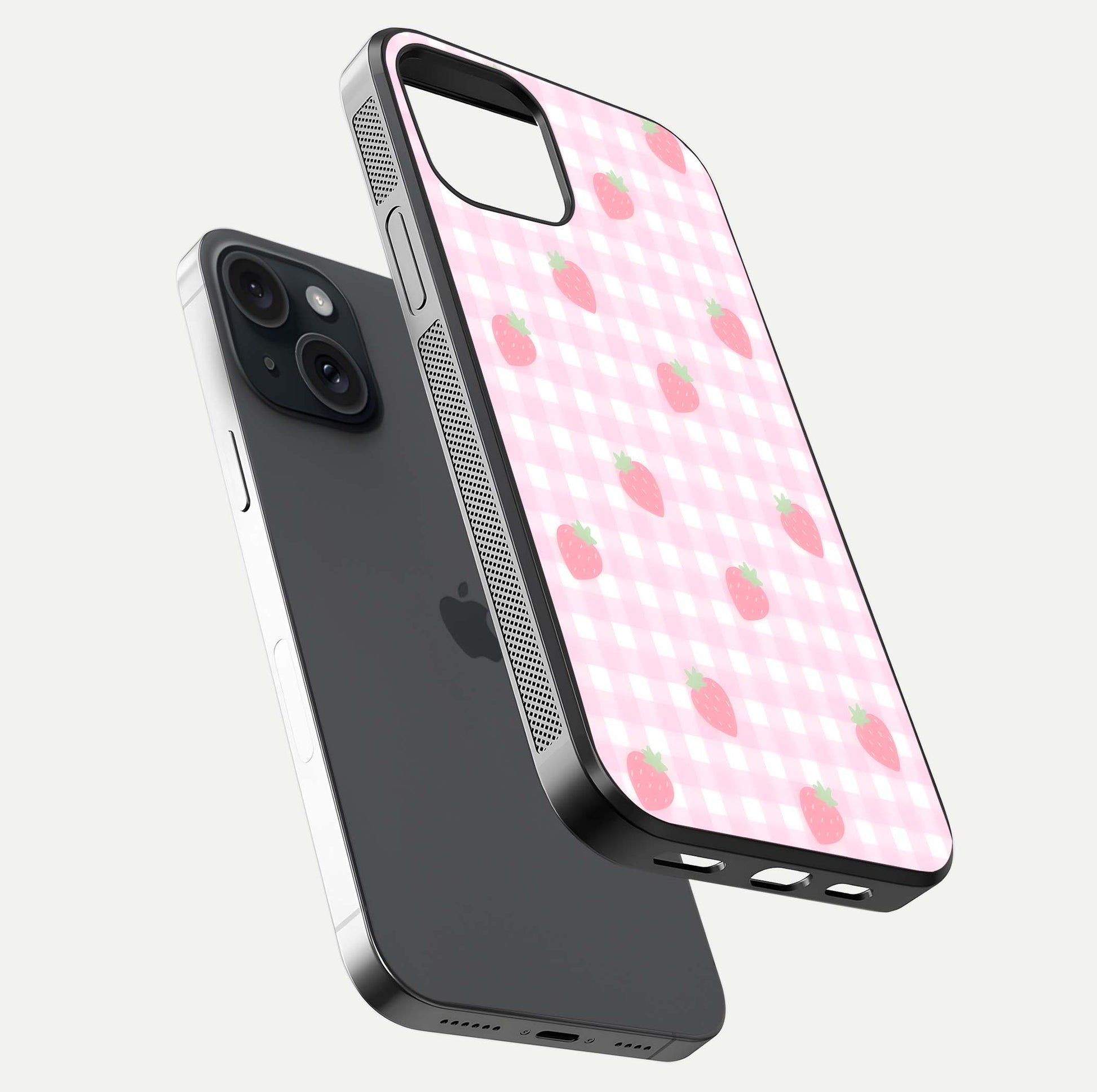 Strawberry Picnic Love iPhone 15  glass phone case floating view emphasizing glossy finish and playful charm