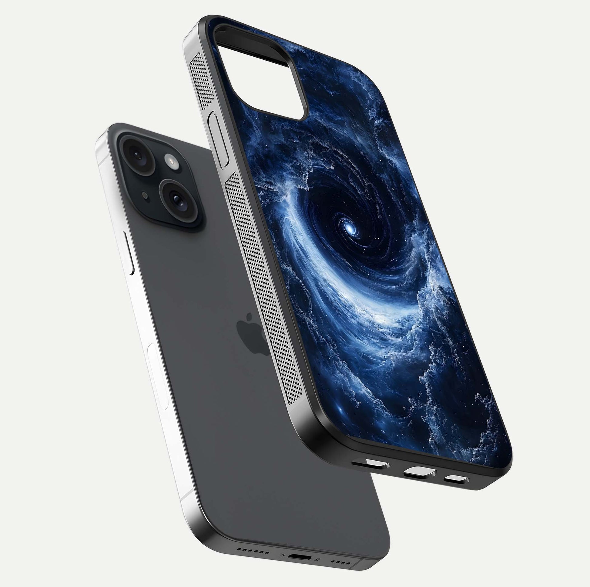 Stunning Galaxy Glass Case for iPhone 15 floating dual-view mockup displaying gloss shine and vivid print depth