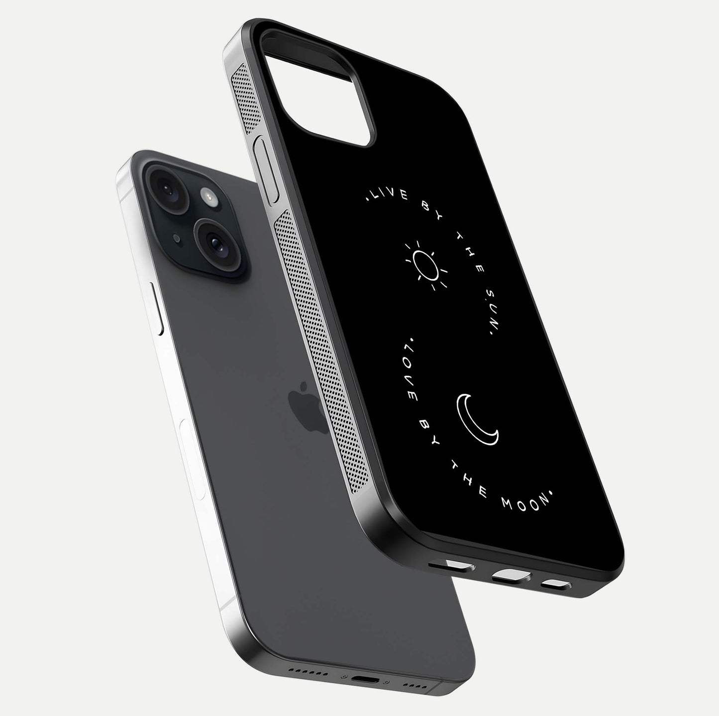 Sun Moon Balance Glass Case for iPhone 15 floating dual-view mockup displaying gloss surface and edge clarity
