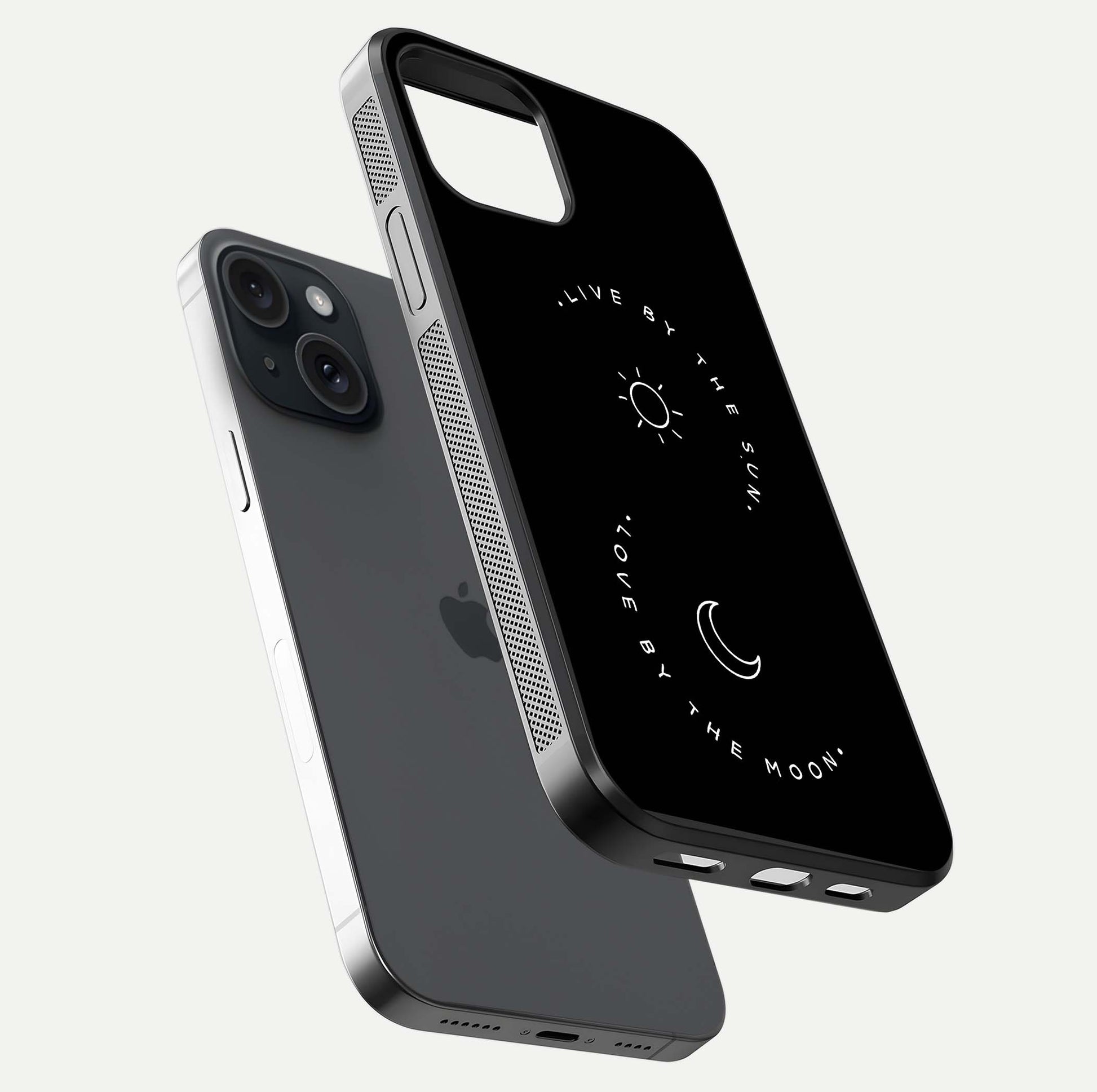 Sun Moon Balance Glass Case for iPhone 15 floating dual-view mockup displaying gloss surface and edge clarity