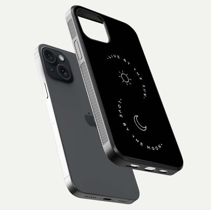 Sun Moon Balance Glass Case for iPhone 15 floating dual-view mockup displaying gloss surface and edge clarity