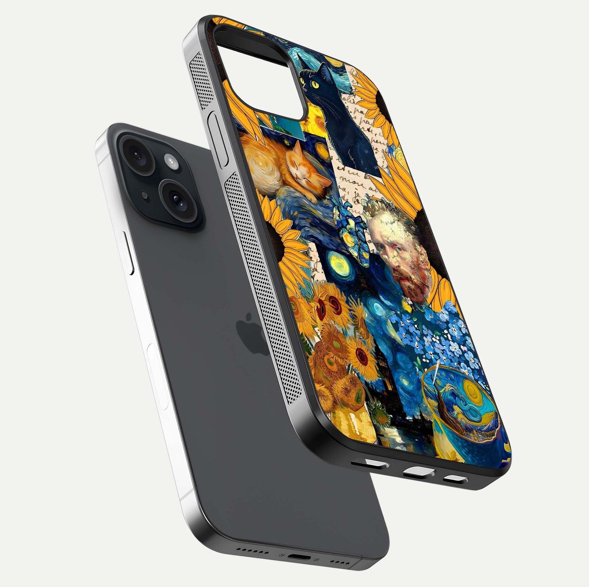 Sunflower Cat Art Glass Case for iPhone 15 floating dual-view mockup displaying gloss shine and HD art print