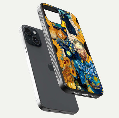Sunflower Cat Art Glass Case for iPhone 15 floating dual-view mockup displaying gloss shine and HD art print