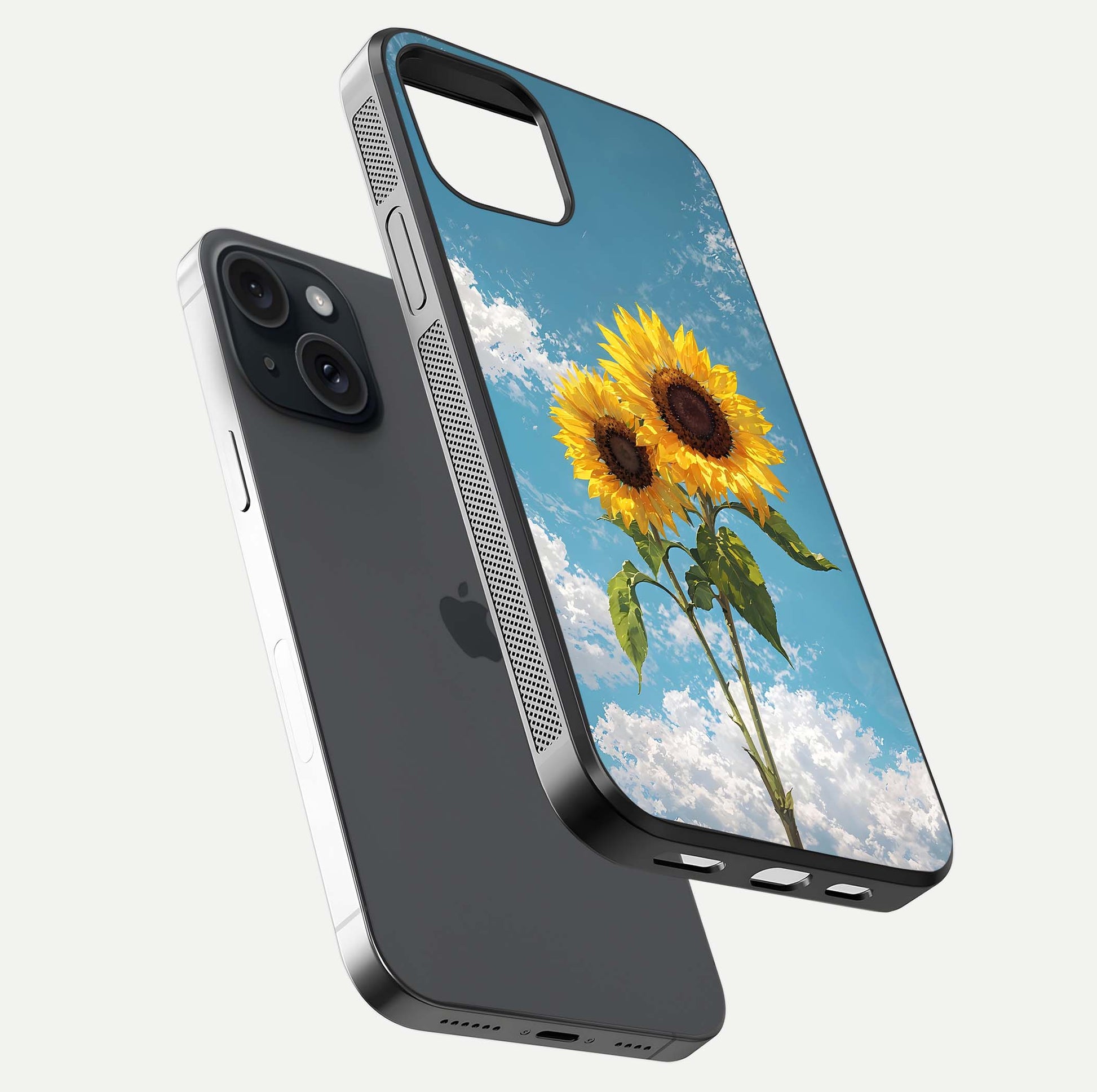 Sunflower Sky Bloom Glass Case for iPhone 15 floating dual-view mockup displaying gloss shine and vibrant texture