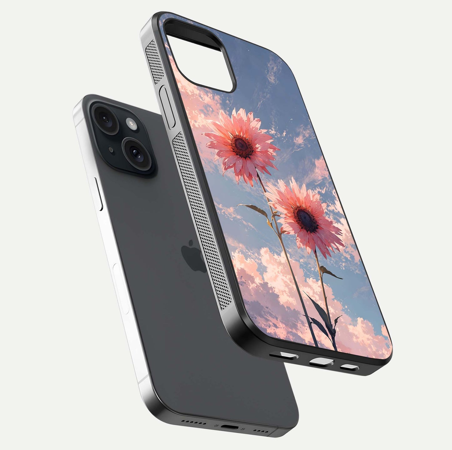 Sunlit Daisy Glow Glass Case for iPhone 15 floating dual-view mockup displaying gloss finish and HD print