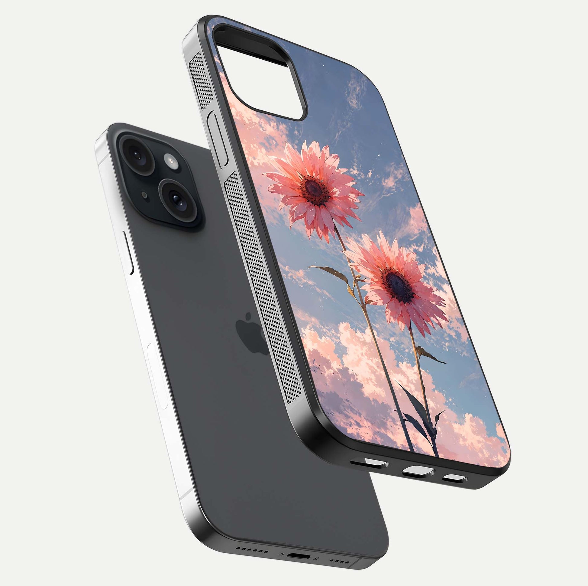 Sunlit Daisy Glow Glass Case for iPhone 15 floating dual-view mockup displaying gloss finish and HD print