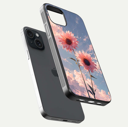 Sunlit Daisy Glow Glass Case for iPhone 15 floating dual-view mockup displaying gloss finish and HD print