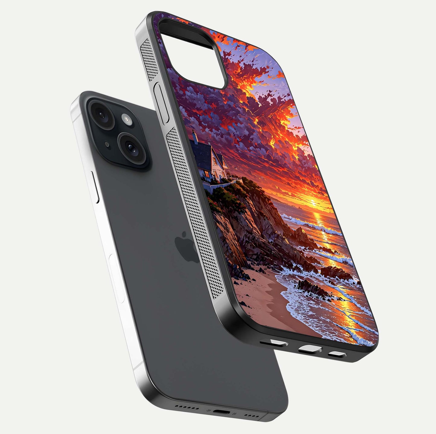 Sunset House by Sea Glass Case for iPhone 15 floating dual-view mockup displaying gloss shine and depth