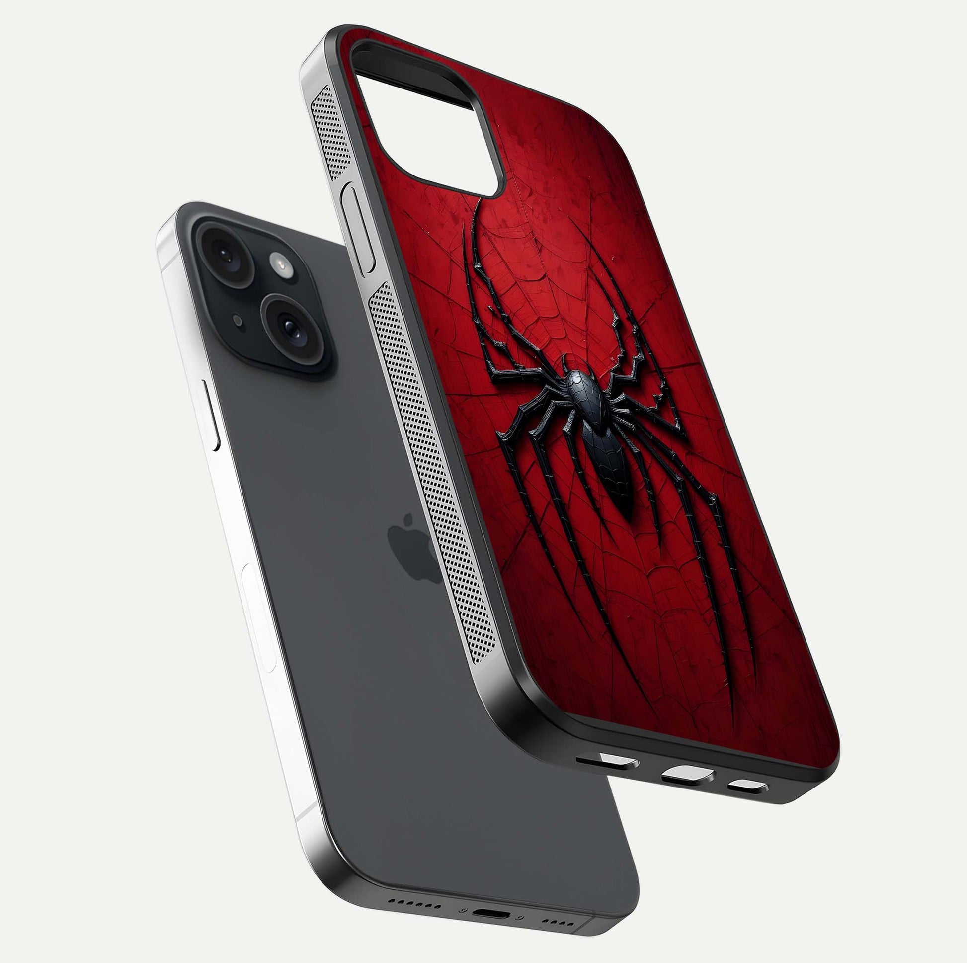 Venom Web Emblem Glass Case for iPhone 15 floating dual-view mockup displaying gloss shine and HD print