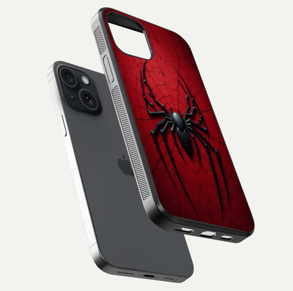 Venom Web Emblem Glass Case for iPhone 15 floating dual-view mockup displaying gloss shine and HD print