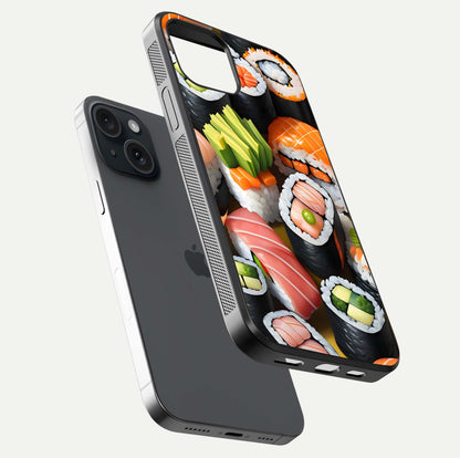 Sushi Food Pattern Glass Case for iPhone 15 floating dual-view mockup displaying gloss and HD pattern