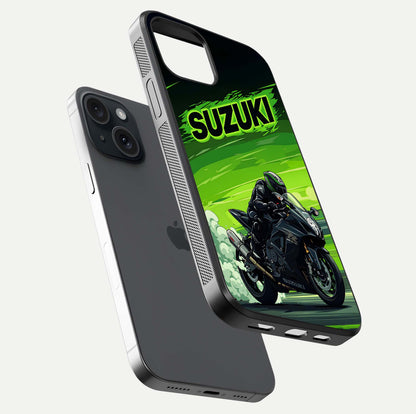 Suzuki Speed Beast Glass Case for iPhone 15 floating dual-view mockup displaying gloss texture and shine