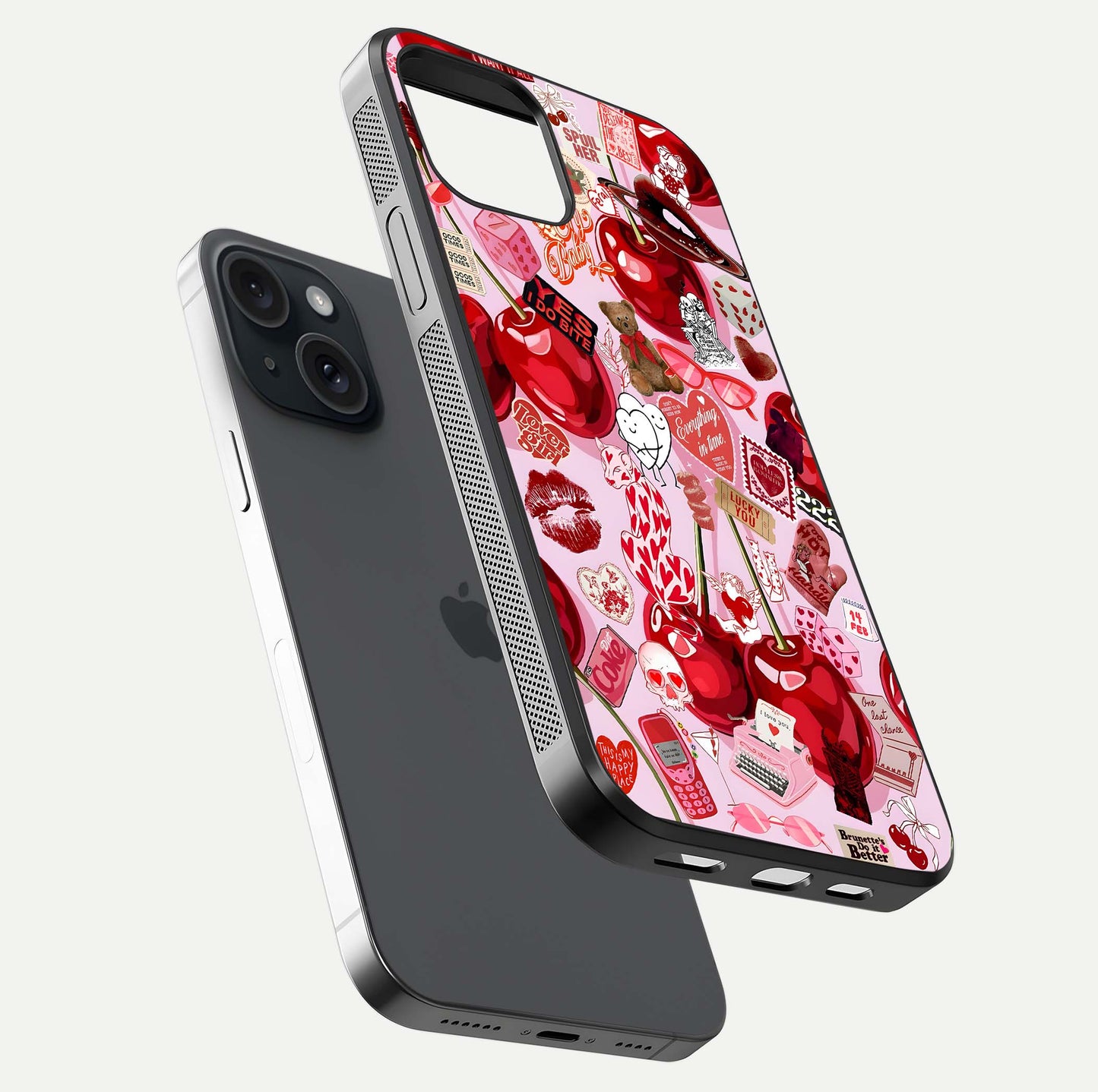 Sweet Cherry Chaos Glass Case for iPhone 15 floating dual-view mockup displaying gloss surface and depth