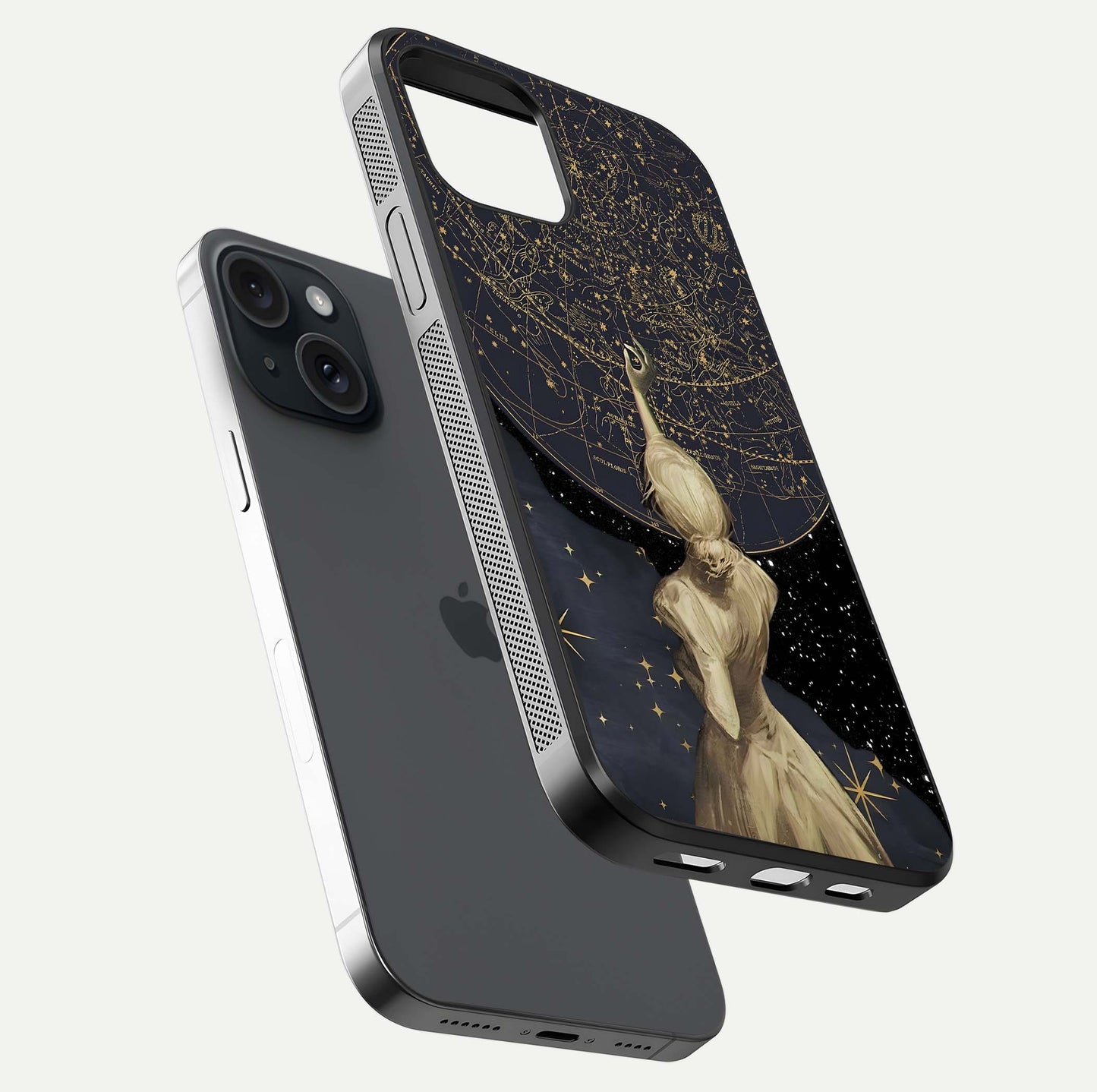 Taylor Swift Girl Glass Case for iPhone 15 floating dual-view mockup displaying gloss and stylish artwork