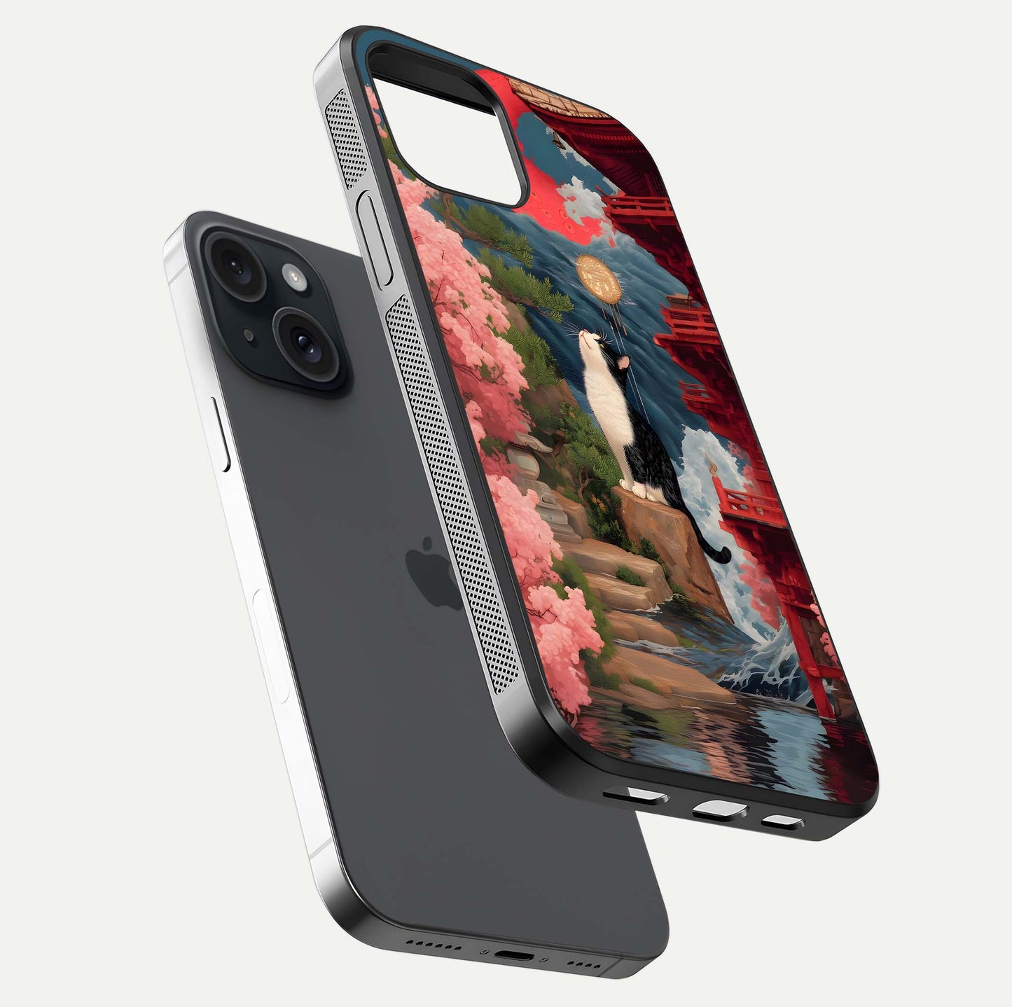 Temple Cat Scenery Glass Case for iPhone 15 floating dual-view mockup displaying gloss and depth detail