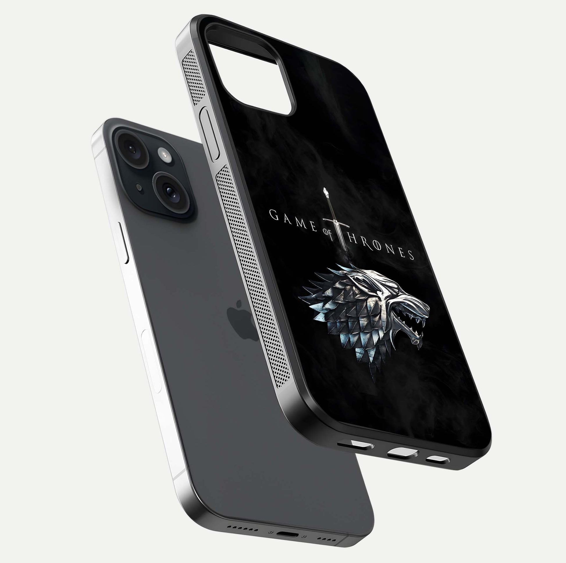 Throne Wolf Legacy Glass Case for iPhone 15 floating dual-view mockup displaying gloss depth and wolf artwork