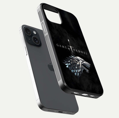 Throne Wolf Legacy Glass Case for iPhone 15 floating dual-view mockup displaying gloss depth and wolf artwork