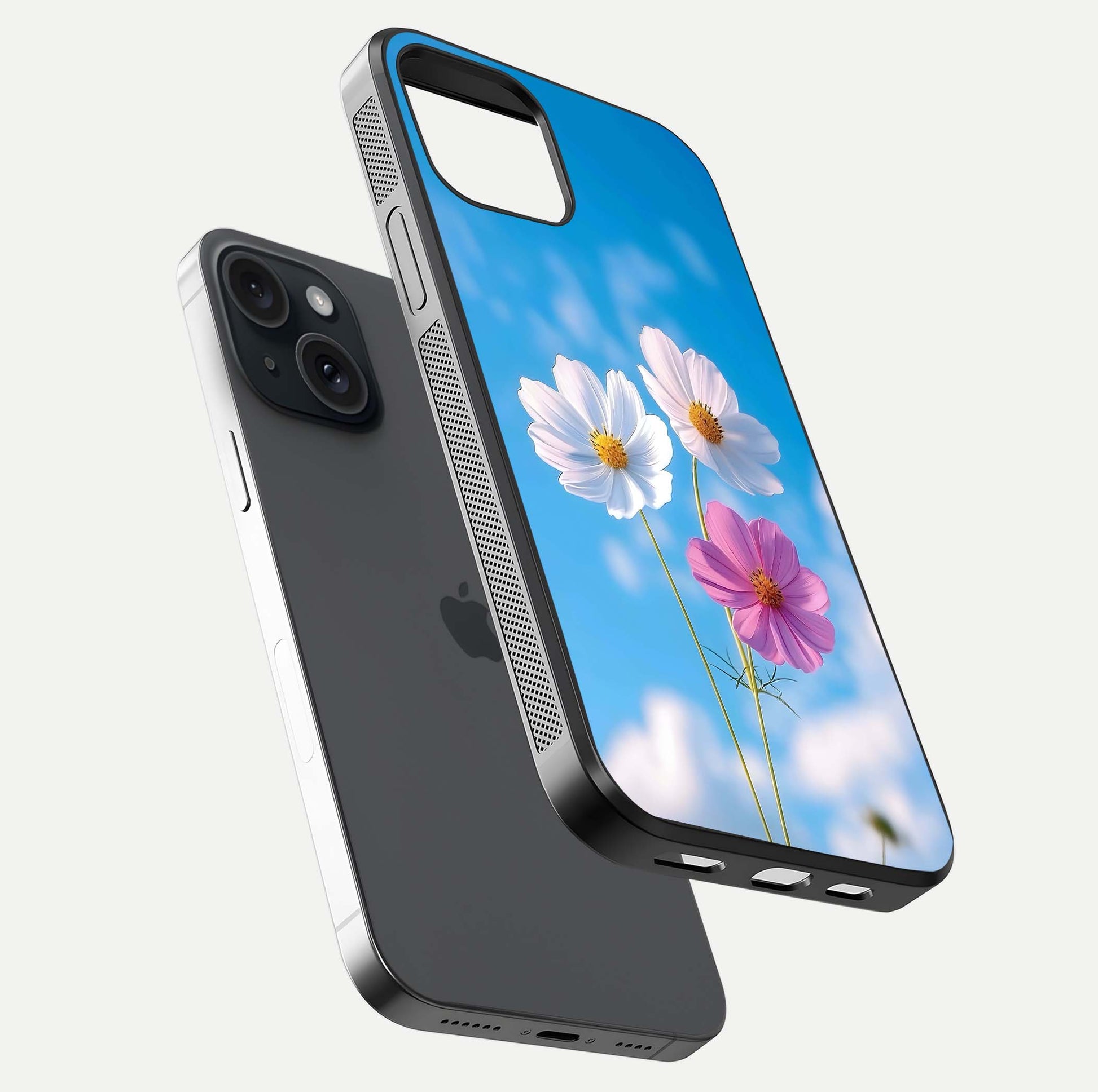 Triple Flowers With Sky Glass Case for iPhone 15 floating dual-view mockup displaying gloss and soft hues