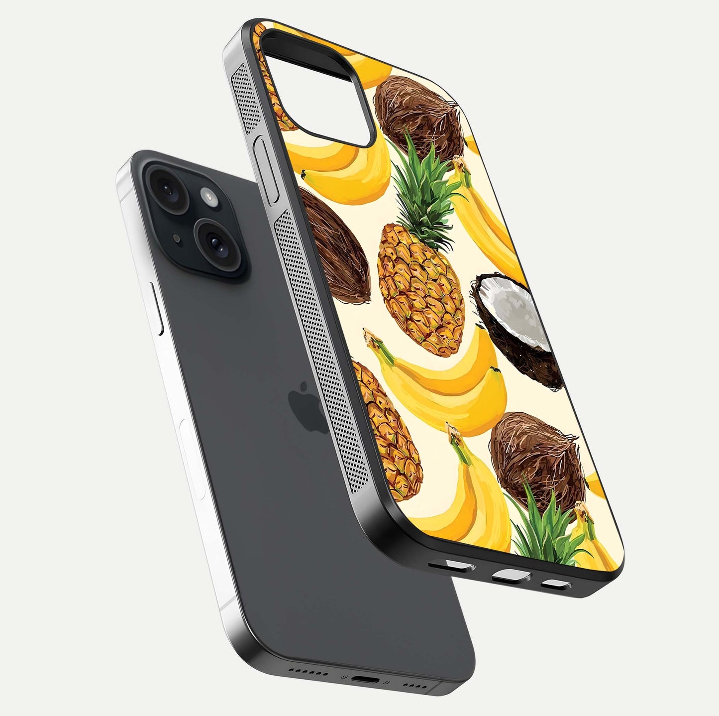 Tropical Fruit Mood Glass Case for iPhone 15 floating dual-view mockup displaying gloss and vibrant colors