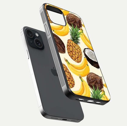 Tropical Fruit Mood Glass Case for iPhone 15 floating dual-view mockup displaying gloss and vibrant colors
