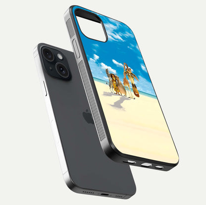 Tropical Fun Squad Glass Case for iPhone 15 floating dual-view mockup displaying gloss reflection and contrast