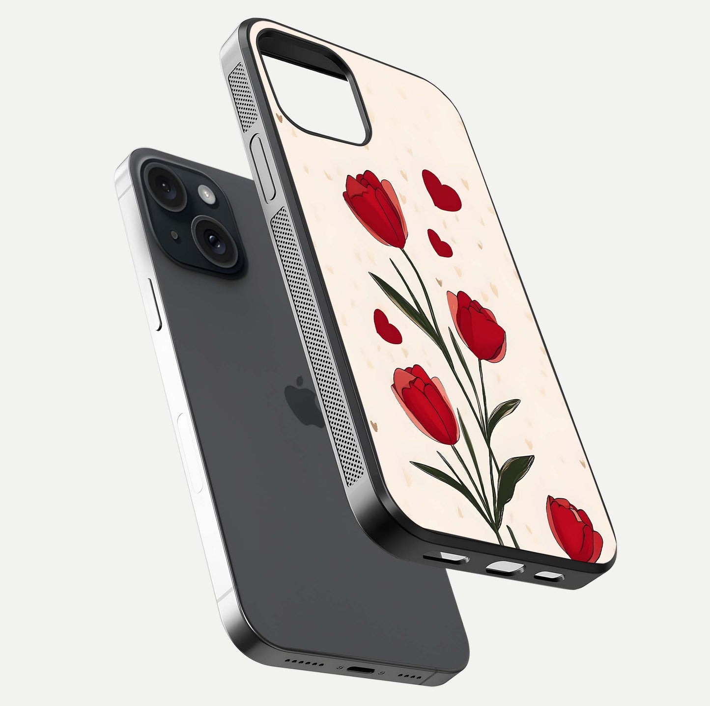 Tulip With Heart Glass Case for iPhone 15 floating dual-view mockup displaying gloss texture and shine