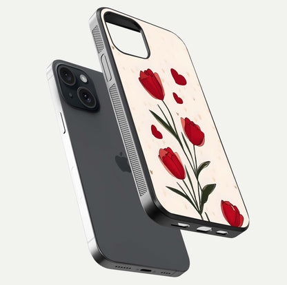 Tulip With Heart Glass Case for iPhone 15 floating dual-view mockup displaying gloss texture and shine