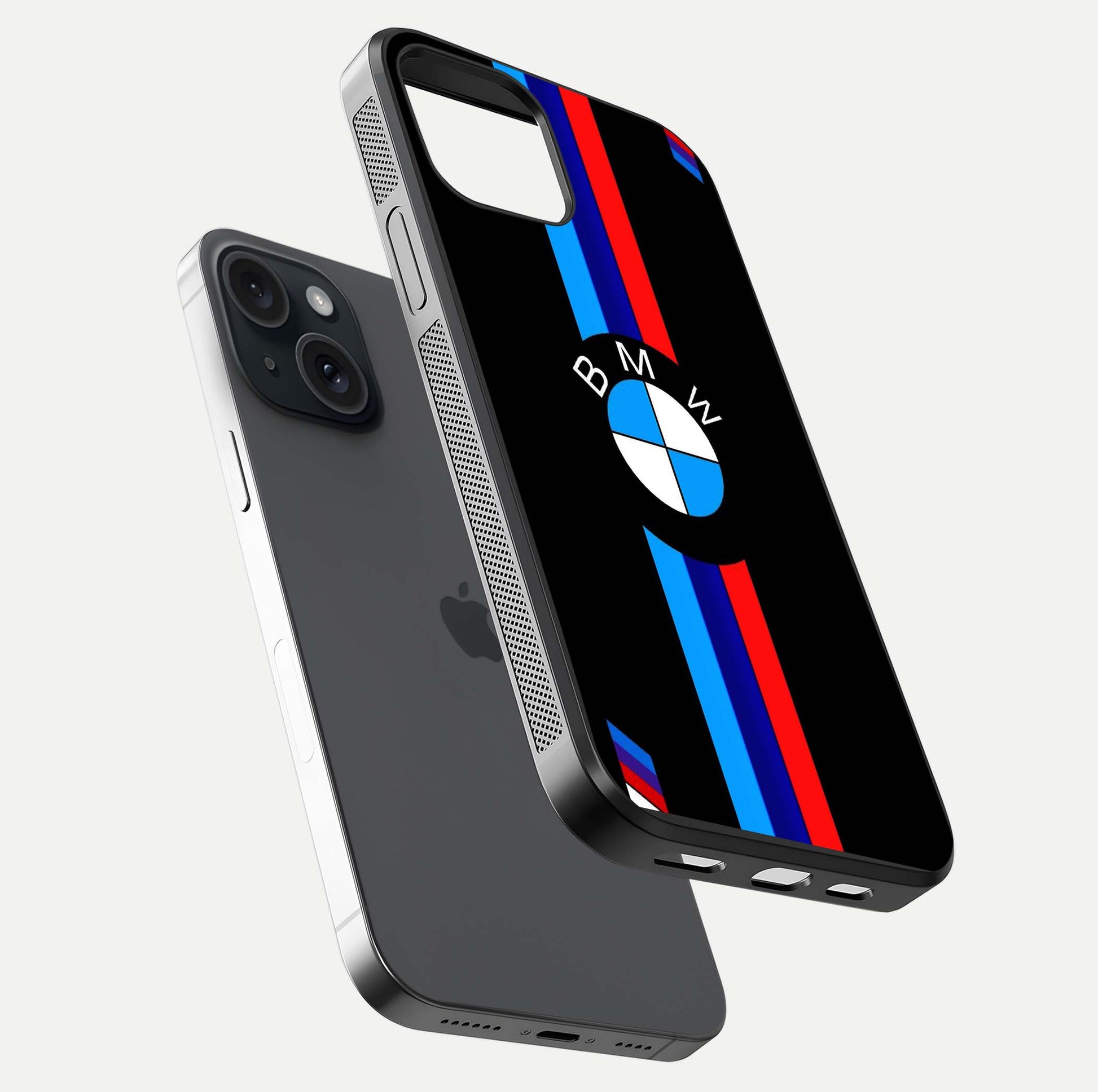 Turbo BMW Beast Glass Case for iPhone 15 floating dual-view mockup displaying gloss texture and vivid print