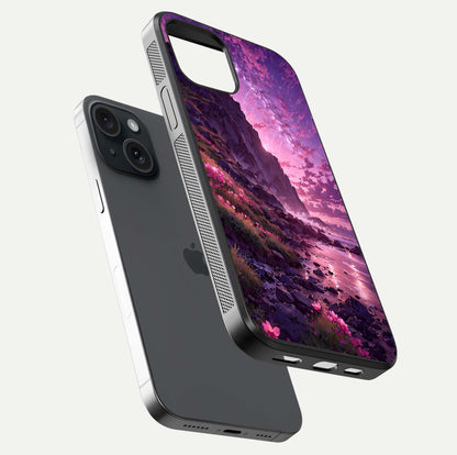 Twilight Blossom Coast Glass Case for iPhone 15 floating dual-view mockup displaying gloss surface and detail