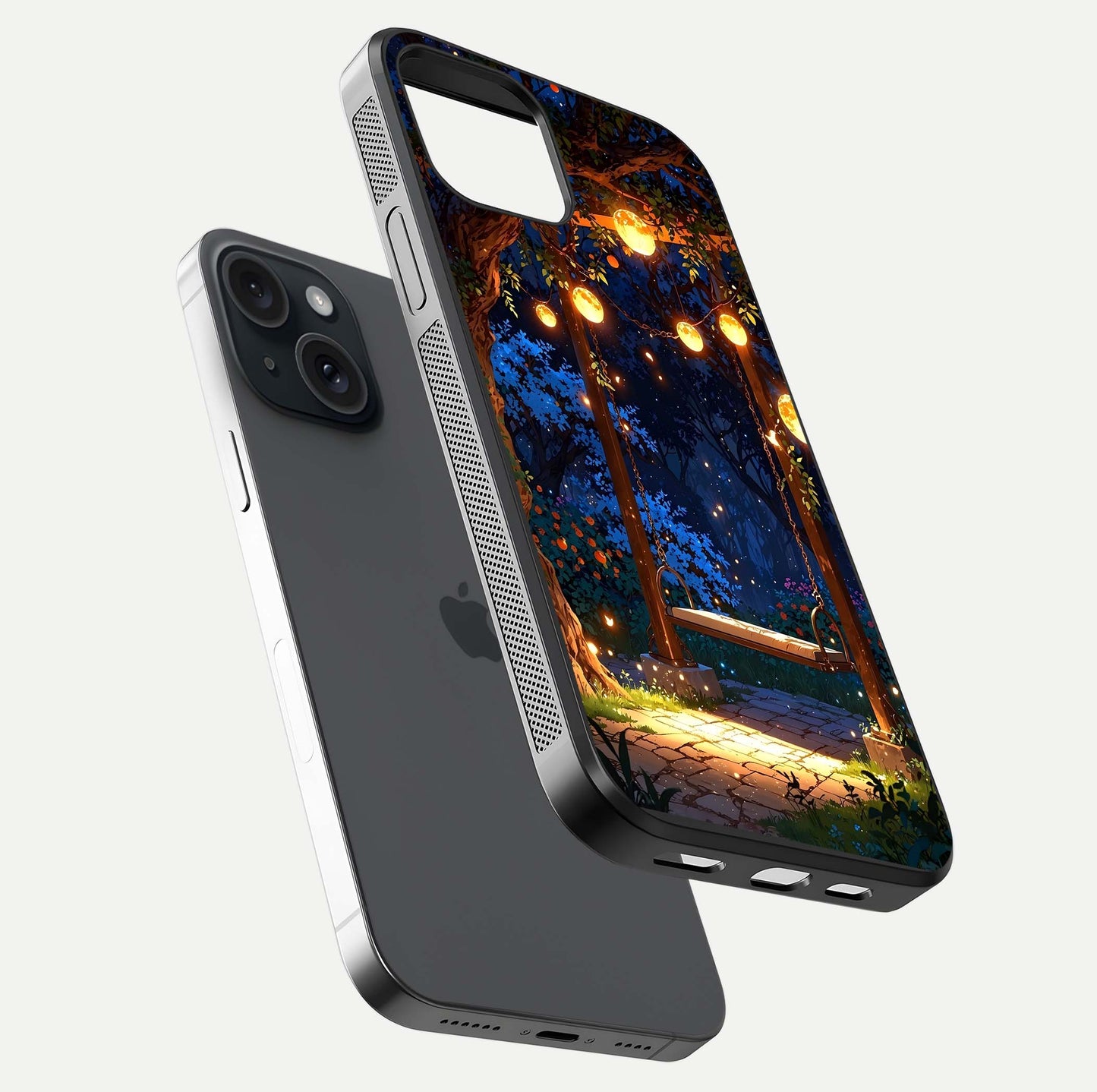 Twilight Garden Swing Glass Case for iPhone 15 floating dual-view mockup displaying gloss and tone balance