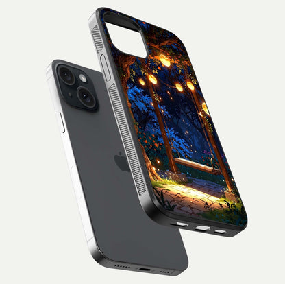 Twilight Garden Swing Glass Case for iPhone 15 floating dual-view mockup displaying gloss and tone balance