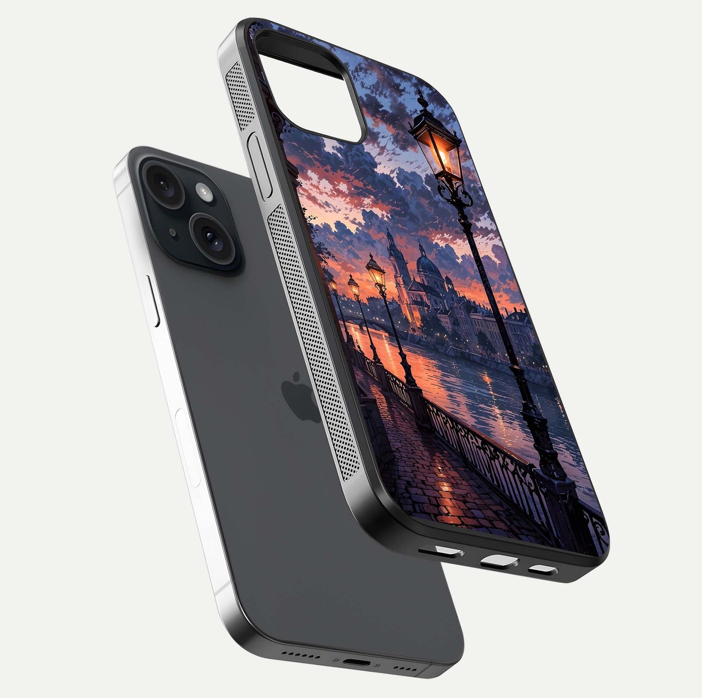 Twilight River Lights Glass Case for iPhone 15 floating dual-view mockup displaying gloss shine and vivid details