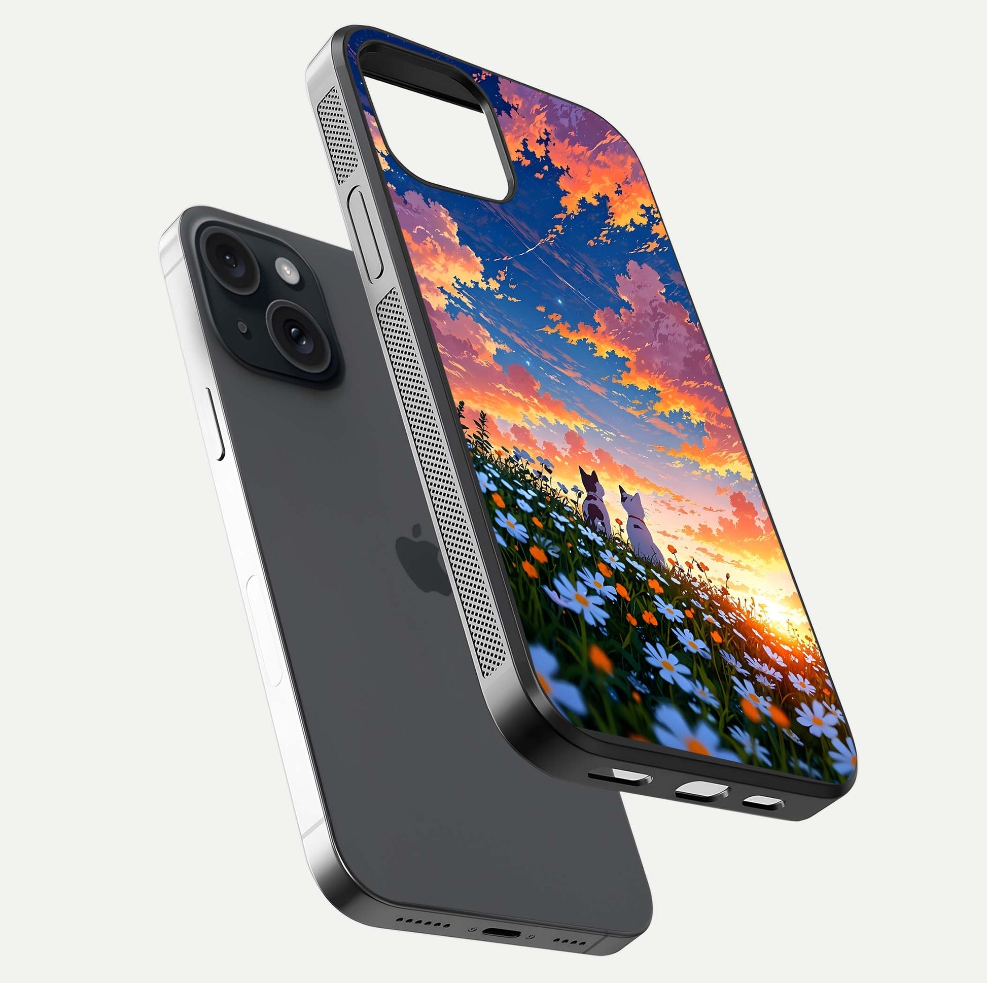 Two Cats Friends Glass Case for iPhone 15 floating dual-view mockup displaying gloss surface and HD print