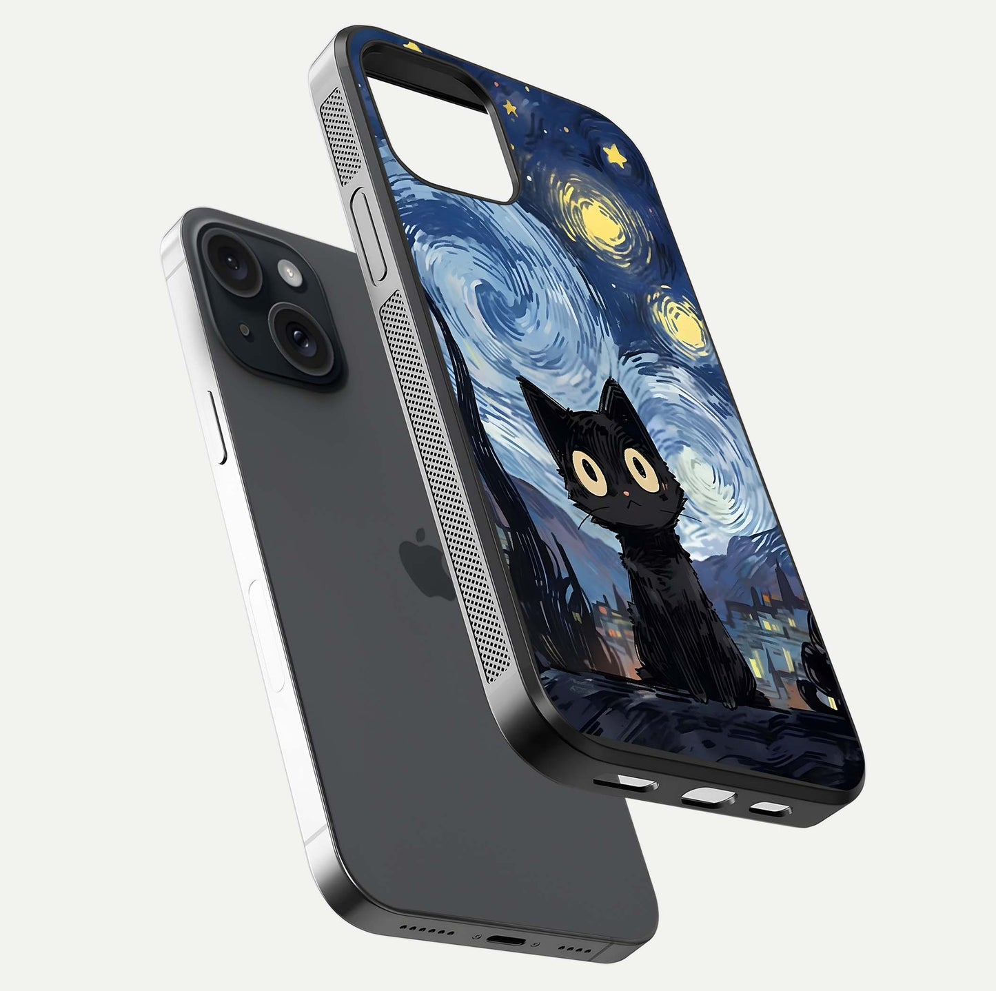 Van Gogh Cat Glass Case for iPhone 15 floating dual-view mockup displaying gloss shine and artistic texture