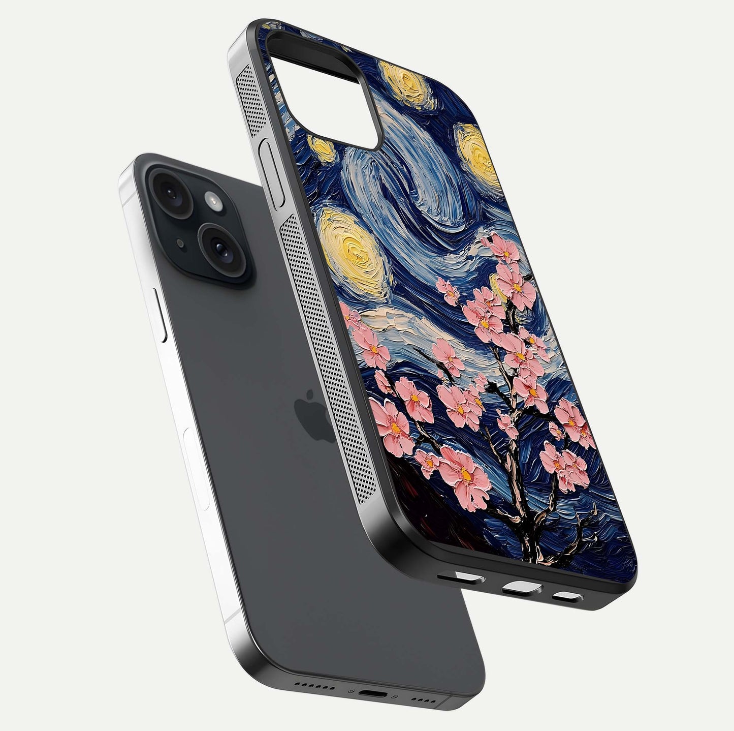 Van Gogh Scenery Glass Case for iPhone 15 floating dual-view mockup displaying gloss reflection and HD quality
