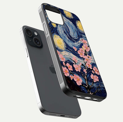 Van Gogh Scenery Glass Case for iPhone 15 floating dual-view mockup displaying gloss reflection and HD quality
